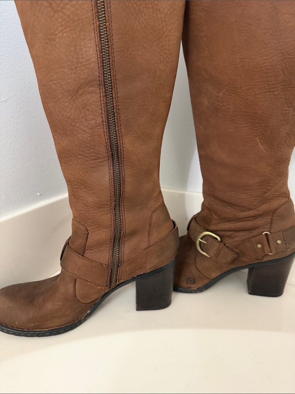 Born Cognac Leather Knee-High Heeled Boots with Buckle - Picture 5 of 9